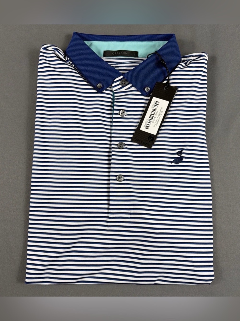 Greyson Golf Shirt Polo Chest Logo Nicoya Striped Large Iona Blue NWT MSRP $118